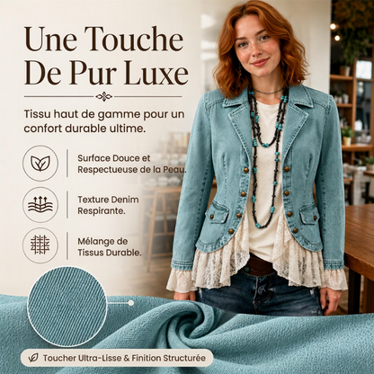 👗Lace Hem, Elegant Tailored Collar🧥 Women's Denim Jacket – Tailored Collar & Lace Hem