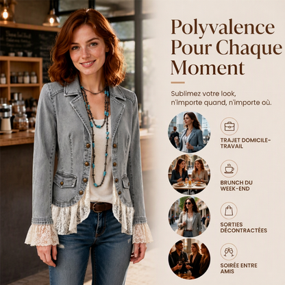 👗Lace Hem, Elegant Tailored Collar🧥 Women's Denim Jacket – Tailored Collar & Lace Hem
