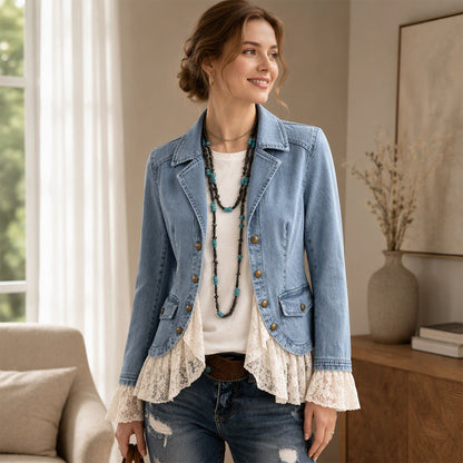 👗Lace Hem, Elegant Tailored Collar🧥 Women's Denim Jacket – Tailored Collar & Lace Hem