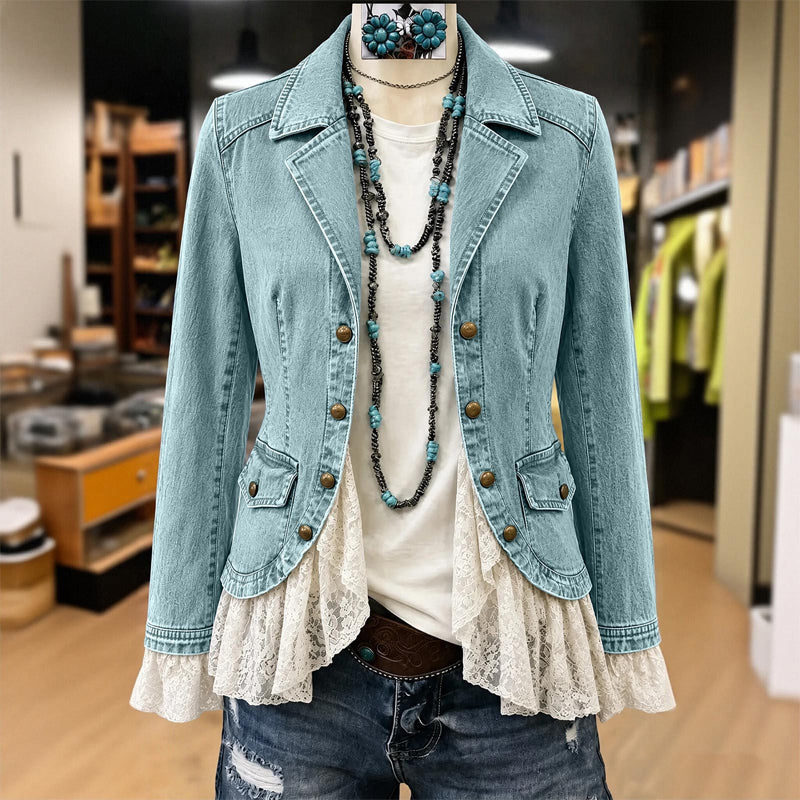 👗Lace Hem, Elegant Tailored Collar🧥 Women's Denim Jacket – Tailored Collar & Lace Hem