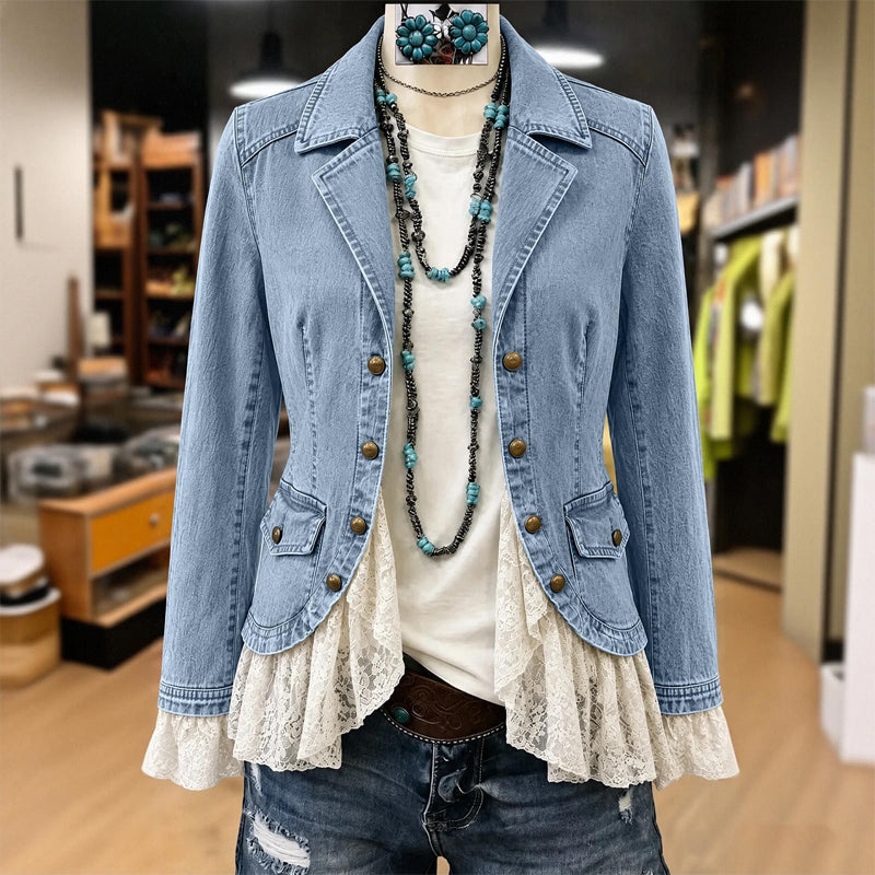 👗Lace Hem, Elegant Tailored Collar🧥 Women's Denim Jacket – Tailored Collar & Lace Hem