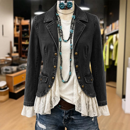 👗Lace Hem, Elegant Tailored Collar🧥 Women's Denim Jacket – Tailored Collar & Lace Hem