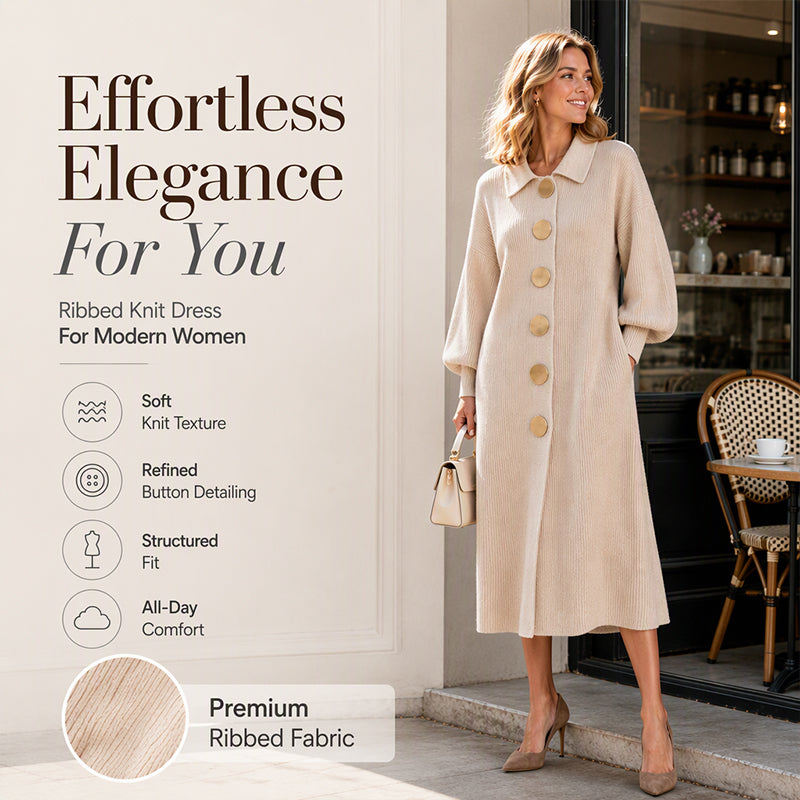 📏Maxi Length, Elongating & Versatile👗 Women's Ribbed Knit Maxi Dress – Lengthening Silhouette & Lantern Sleeves | Elegant & Easy to Style ✨