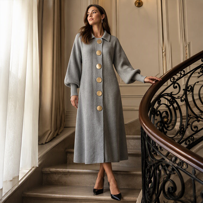 📏Maxi Length, Elongating & Versatile👗 Women's Ribbed Knit Maxi Dress – Lengthening Silhouette & Lantern Sleeves | Elegant & Easy to Style ✨
