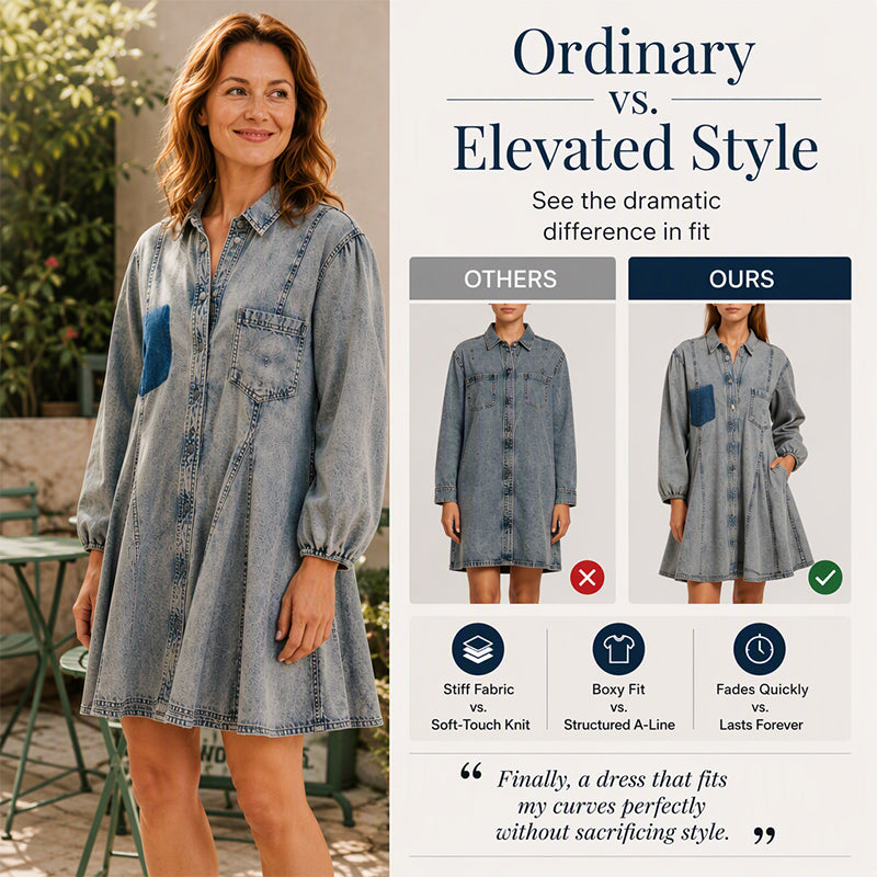 👗Waist-Defining, Comfortable Fit✨ Women's Lantern Sleeve Denim Dress – Cinched Waist & Comfortable Fabric | Flattering Silhouette ✨