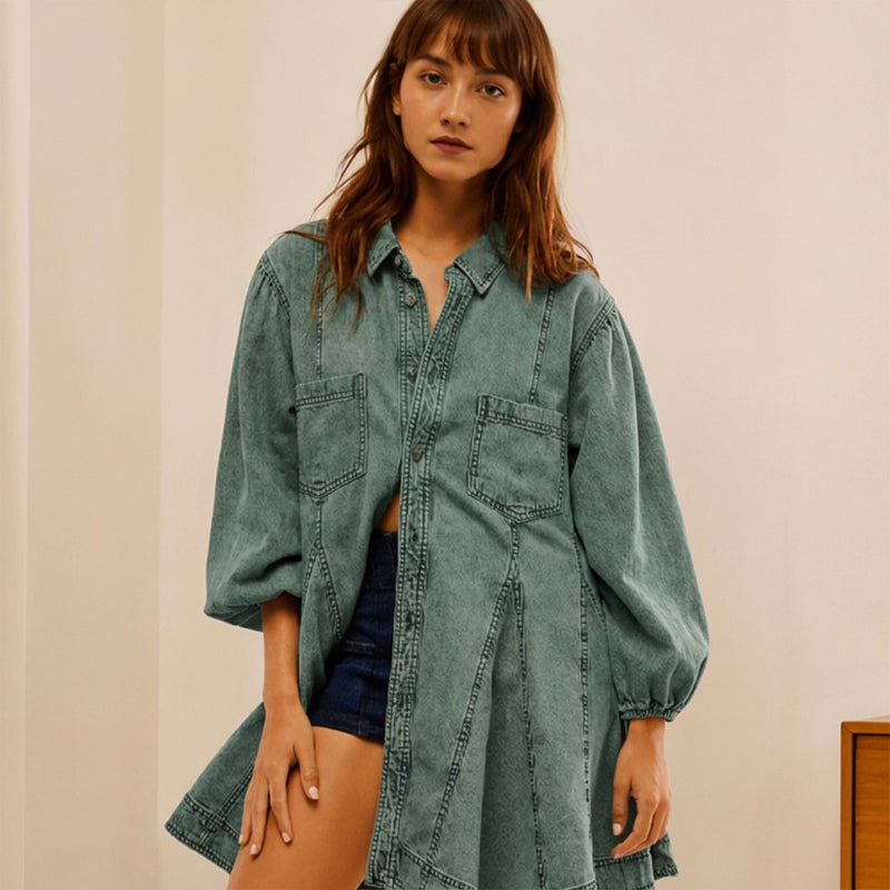 👗Waist-Defining, Comfortable Fit✨ Women's Lantern Sleeve Denim Dress – Cinched Waist & Comfortable Fabric | Flattering Silhouette ✨