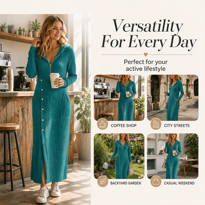 👗Hooded & Slimming, Maxi Length✨ Women's Ribbed Knit Maxi Dress – Flattering Fit, Versatile Style ✨