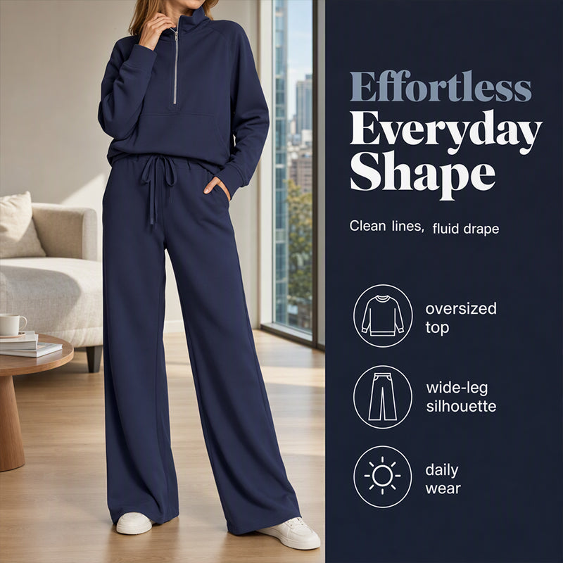 ☁️Relaxed & Cozy, Loungewear Comfort🧶 Women's Lounge Set – Half-Zip Top & Wide-Leg Pants, Soft & Easy ✨