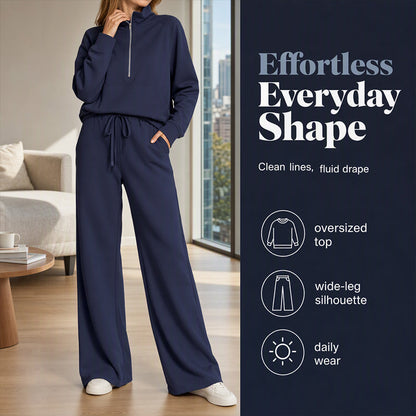 ☁️Relaxed & Cozy, Loungewear Comfort🧶 Women's Lounge Set – Half-Zip Top & Wide-Leg Pants, Soft & Easy ✨