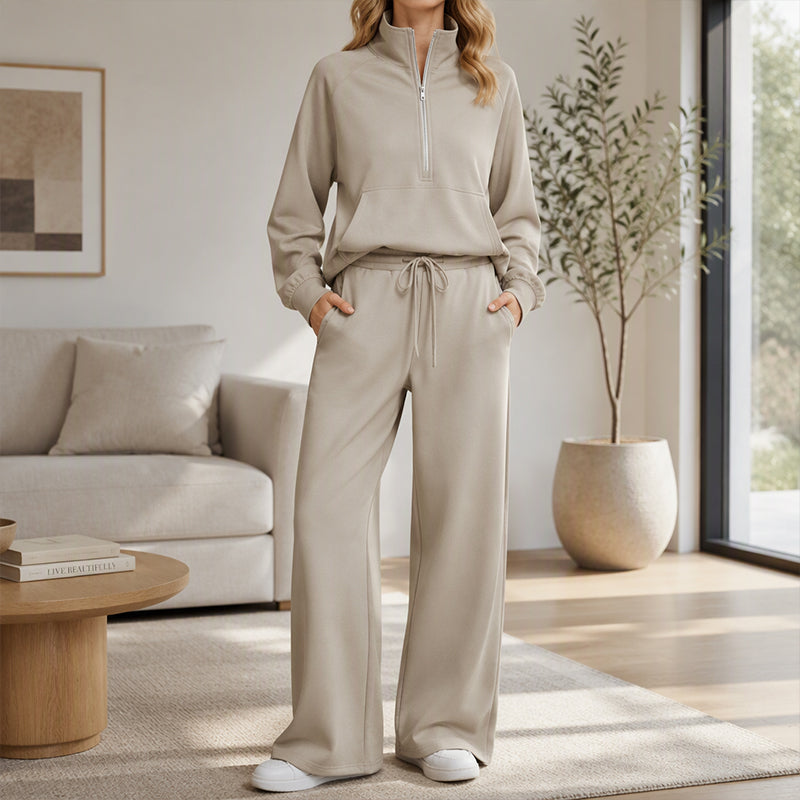 ☁️Relaxed & Cozy, Loungewear Comfort🧶 Women's Lounge Set – Half-Zip Top & Wide-Leg Pants, Soft & Easy ✨