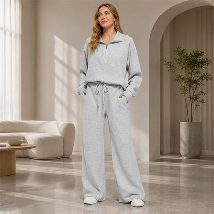 ☁️Relaxed & Cozy, Loungewear Comfort🧶 Women's Lounge Set – Half-Zip Top & Wide-Leg Pants, Soft & Easy ✨