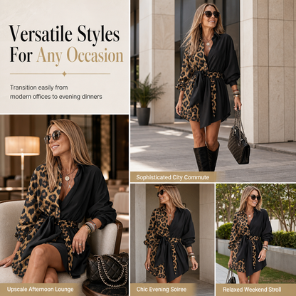 👗Belted Waist, Slimming Fit🐆 Women's Leopard Patchwork Mini Dress – with Belt, Flattering Silhouette ✨