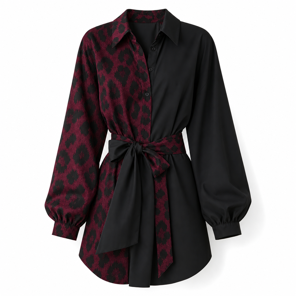 👗Belted Waist, Slimming Fit🐆 Women's Leopard Patchwork Mini Dress – with Belt, Flattering Silhouette ✨
