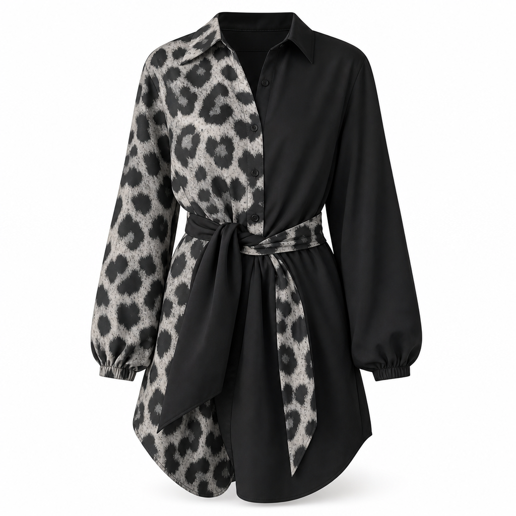 👗Belted Waist, Slimming Fit🐆 Women's Leopard Patchwork Mini Dress – with Belt, Flattering Silhouette ✨