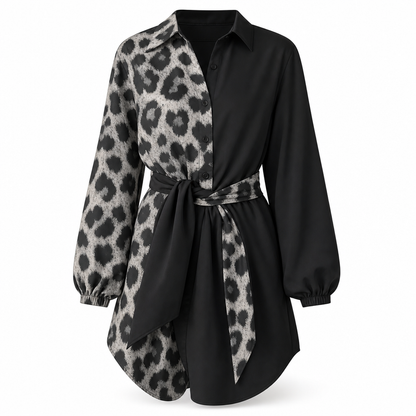 👗Belted Waist, Slimming Fit🐆 Women's Leopard Patchwork Mini Dress – with Belt, Flattering Silhouette ✨