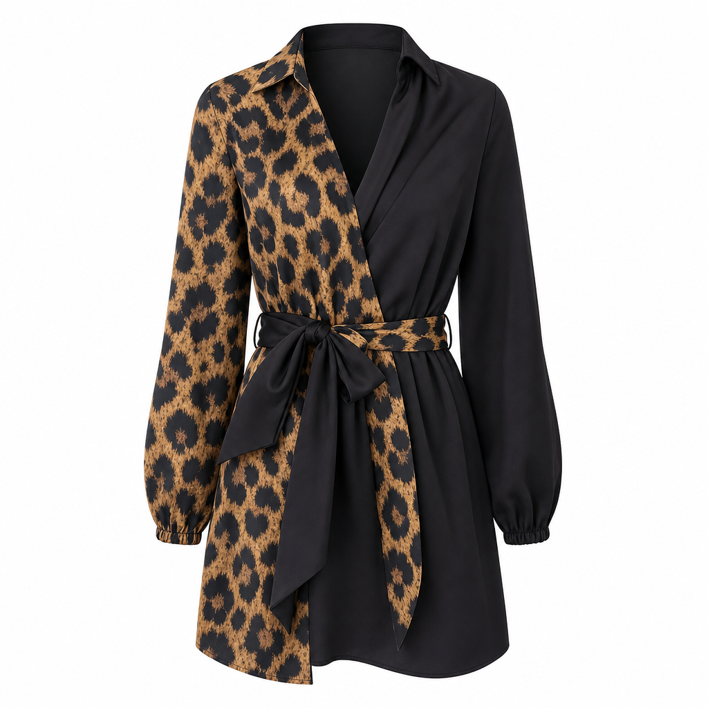 👗Belted Waist, Slimming Fit🐆 Women's Leopard Patchwork Mini Dress – with Belt, Flattering Silhouette ✨
