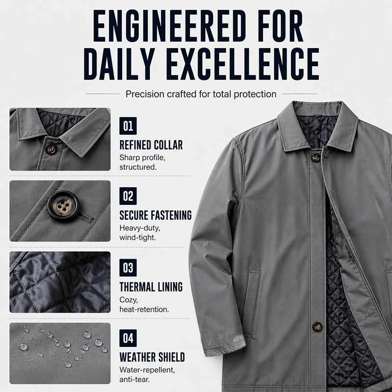 🧥Water-Resistant & Padded, Windproof Warmth❄️ Men's Water-Resistant Padded Trench Coat – Wind & Rain Protection, Fall/Winter Warmth ✨