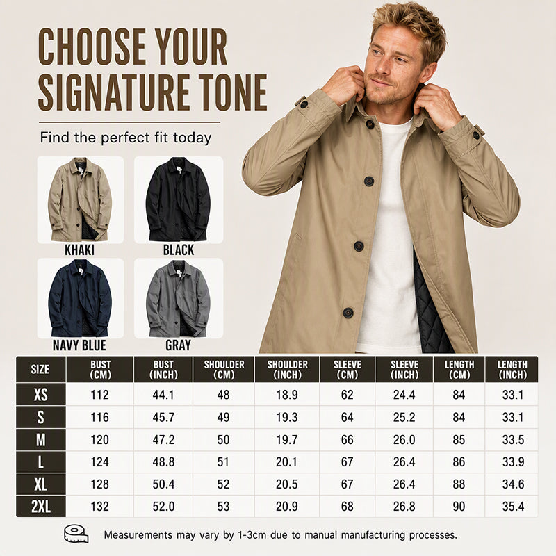 🧥Water-Resistant & Padded, Windproof Warmth❄️ Men's Water-Resistant Padded Trench Coat – Wind & Rain Protection, Fall/Winter Warmth ✨