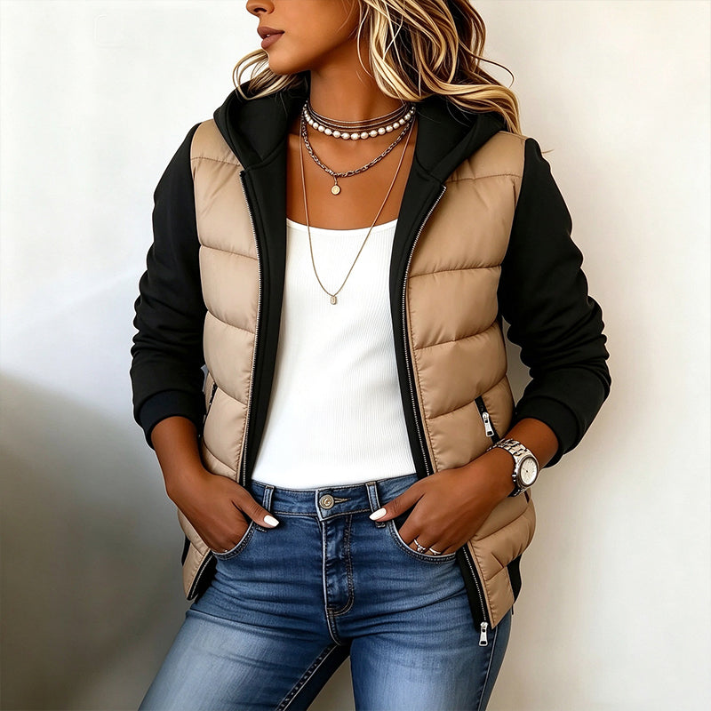 Color-Block Design, Stylish Hooded🧥 Women's Color-Block Padded Hooded Jacket – Padded Warmth, Casual & Chic ✨