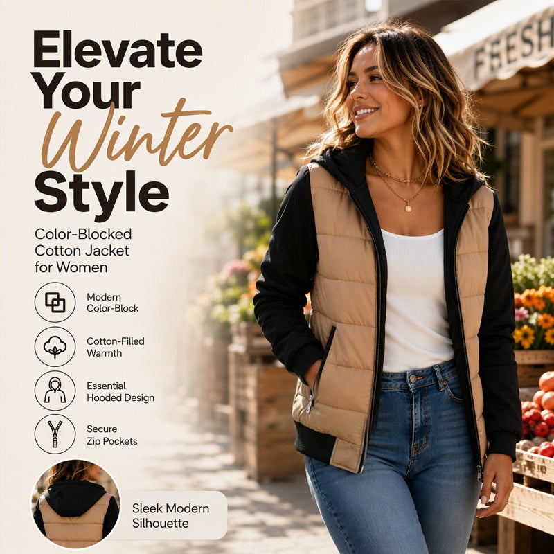 Color-Block Design, Stylish Hooded🧥 Women's Color-Block Padded Hooded Jacket – Padded Warmth, Casual & Chic ✨