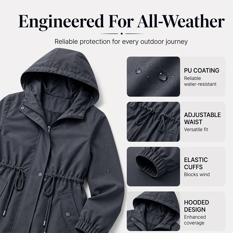 🌬️Windproof & Rain-Resistant, Mid-Length Hooded🧥 Women's Mid-Length Hooded Windbreaker Jacket – Outdoor Protection, Dry & Comfortable ✨