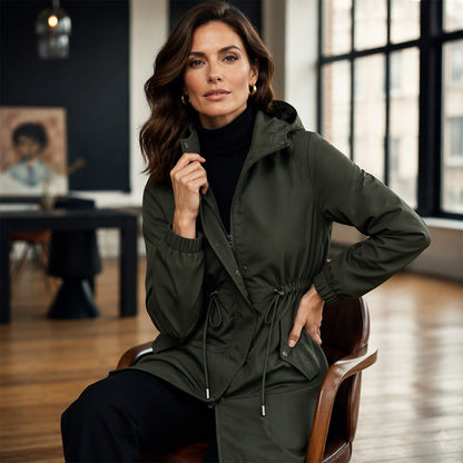 🌬️Windproof & Rain-Resistant, Mid-Length Hooded🧥 Women's Mid-Length Hooded Windbreaker Jacket – Outdoor Protection, Dry & Comfortable ✨