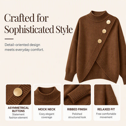 🧣Mock Neck Warmth, Cozy Knit🧶 Women's Asymmetric Hem Mock Neck Knit Sweater – Soft & Skin-Friendly, Warm Coverage ✨