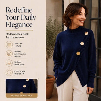 🧣Mock Neck Warmth, Cozy Knit🧶 Women's Asymmetric Hem Mock Neck Knit Sweater – Soft & Skin-Friendly, Warm Coverage ✨