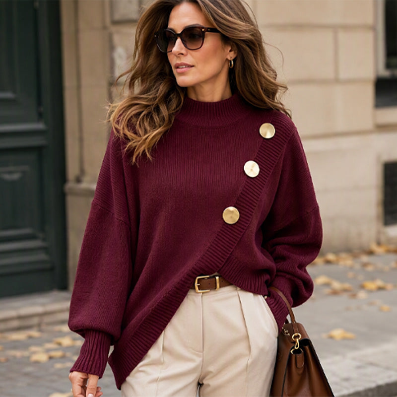 🧣Mock Neck Warmth, Cozy Knit🧶 Women's Asymmetric Hem Mock Neck Knit Sweater – Soft & Skin-Friendly, Warm Coverage ✨