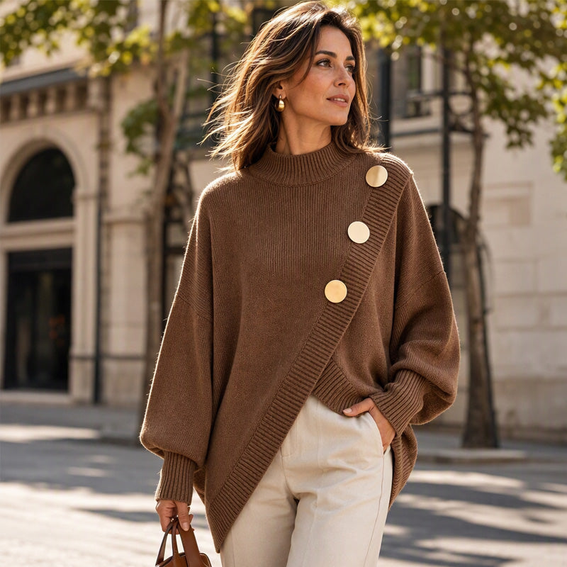 🧣Mock Neck Warmth, Cozy Knit🧶 Women's Asymmetric Hem Mock Neck Knit Sweater – Soft & Skin-Friendly, Warm Coverage ✨