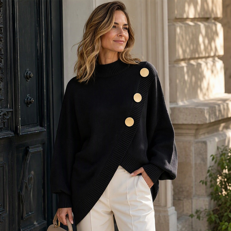🧣Mock Neck Warmth, Cozy Knit🧶 Women's Asymmetric Hem Mock Neck Knit Sweater – Soft & Skin-Friendly, Warm Coverage ✨
