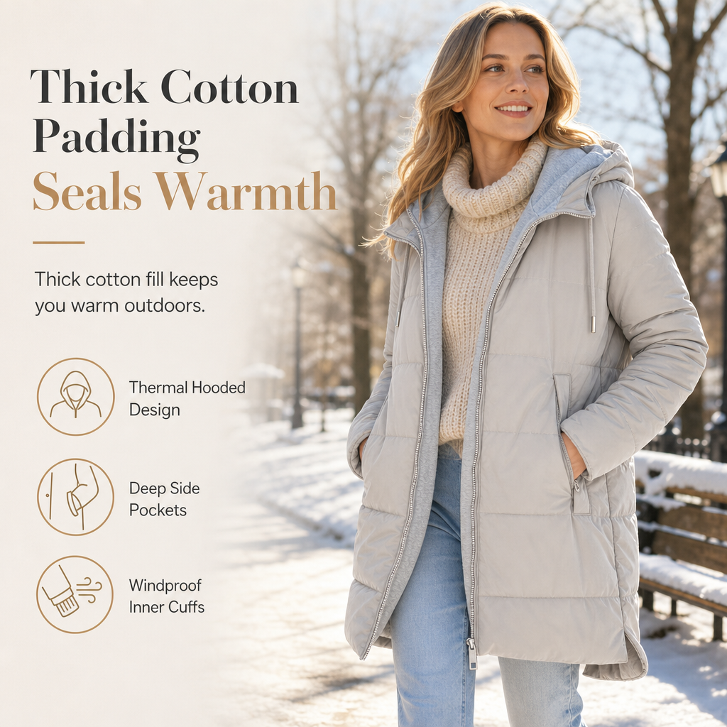 🧥Thick Cotton Warmth, Long-Line Heat❄️ Women's Hooded Padded Coat – Thick Filling & Long Drape | Fall & Winter Warmth, Slim Fit ✨
