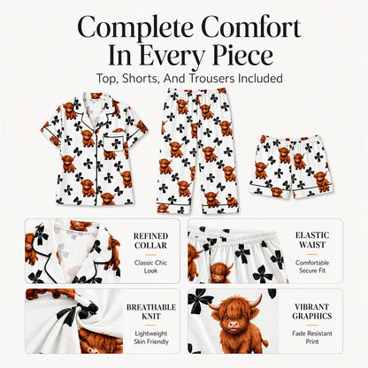 🐮Cute Highland Cow Print, 3-Piece Fun Pajama Set – Cozy Lounge & Sleepwear ✨