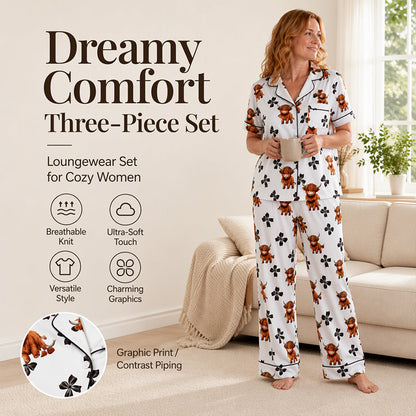 🐮Cute Highland Cow Print, 3-Piece Fun Pajama Set – Cozy Lounge & Sleepwear ✨