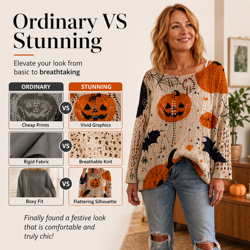 🎃Halloween Pumpkin, Crochet Knit👚 Women's Halloween Pumpkin Crochet Knit Top – Festive Vibe, Cute & Playful ✨