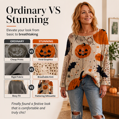 🎃Halloween Pumpkin, Crochet Knit👚 Women's Halloween Pumpkin Crochet Knit Top – Festive Vibe, Cute & Playful ✨