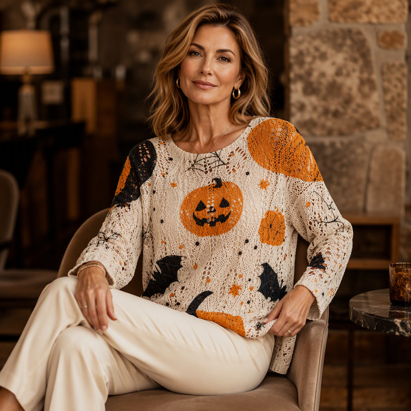 🎃Halloween Pumpkin, Crochet Knit👚 Women's Halloween Pumpkin Crochet Knit Top – Festive Vibe, Cute & Playful ✨