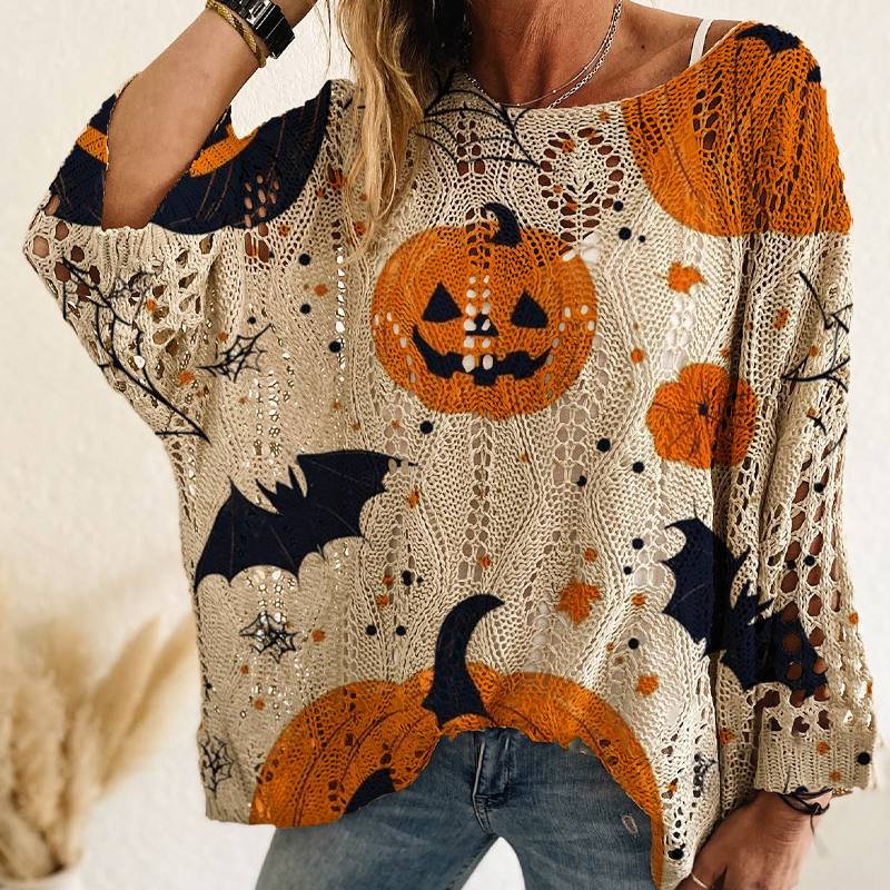 🎃Halloween Pumpkin, Crochet Knit👚 Women's Halloween Pumpkin Crochet Knit Top – Festive Vibe, Cute & Playful ✨