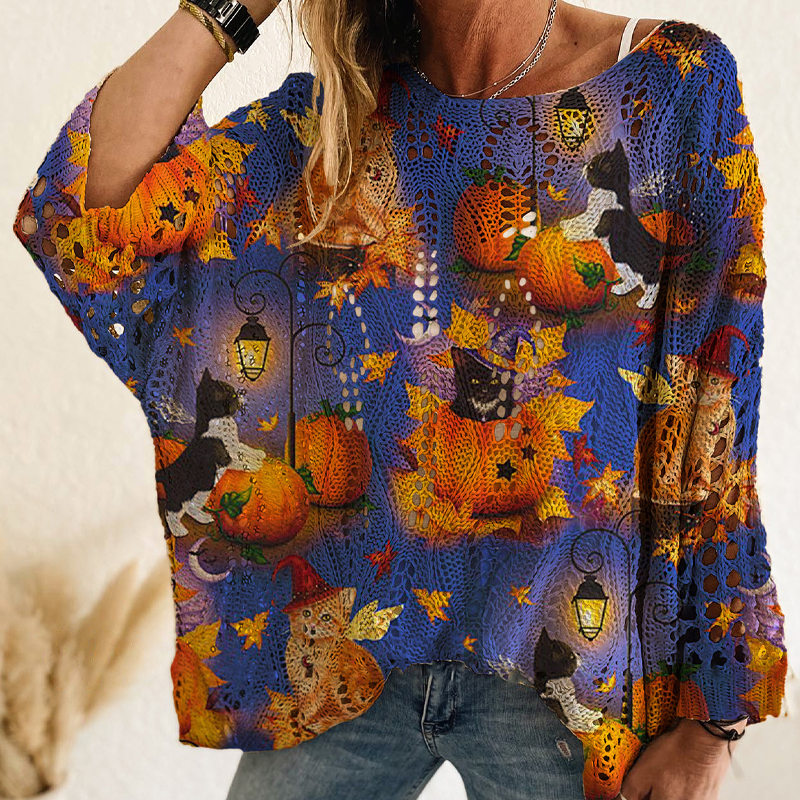 🎃Halloween Pumpkin, Crochet Knit👚 Women's Halloween Pumpkin Crochet Knit Top – Festive Vibe, Cute & Playful ✨