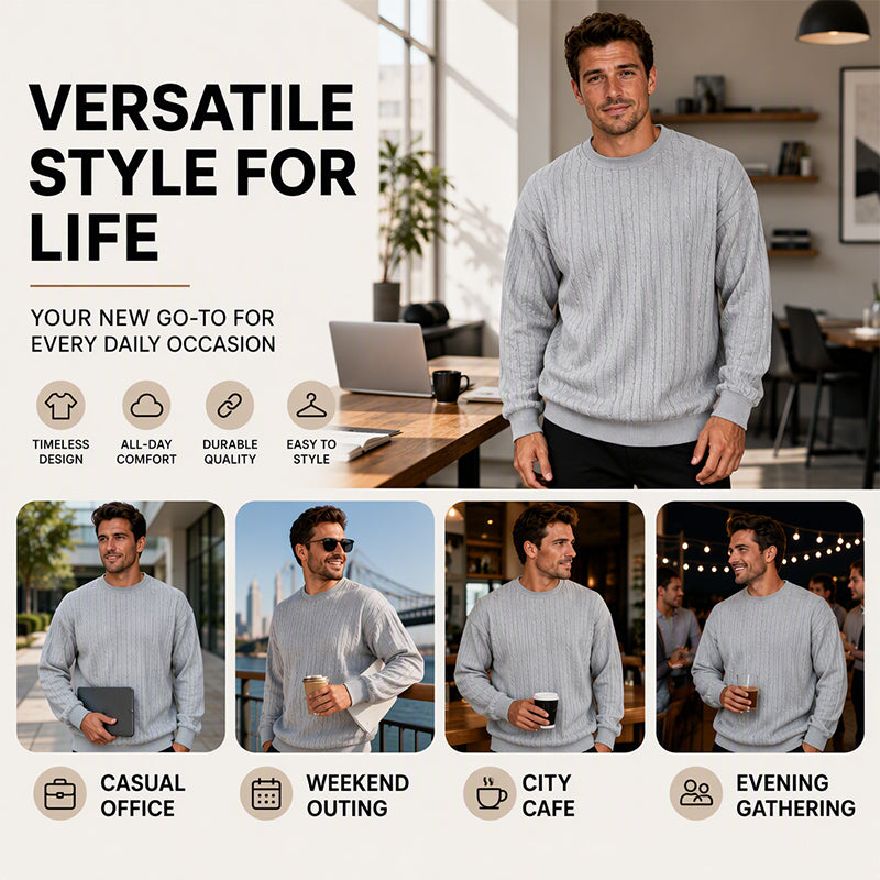 🧣Knit Warmth, Fall & Winter Layer – Men's Cable Knit Crewneck Sweatshirt ✨