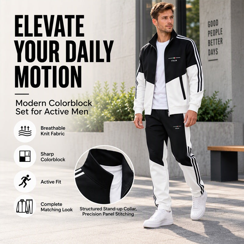 ☁️Comfortable & Adjustable, Everyday Versatile – Men's Colorblock Zip-Up Jacket & Drawstring Pants Set ✨