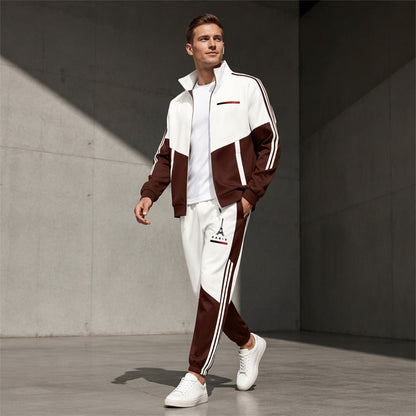 ☁️Comfortable & Adjustable, Everyday Versatile – Men's Colorblock Zip-Up Jacket & Drawstring Pants Set ✨