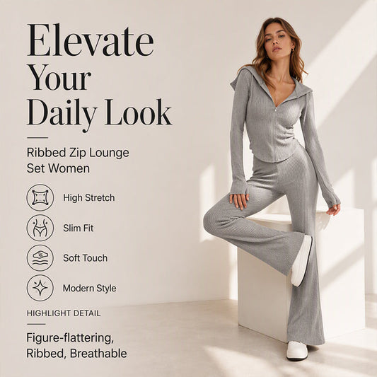☁️Stretchy Comfort, Multi-Occasion Versatile – Women's Ribbed Hooded Zip-Up Jacket & Flare Pants Set ✨