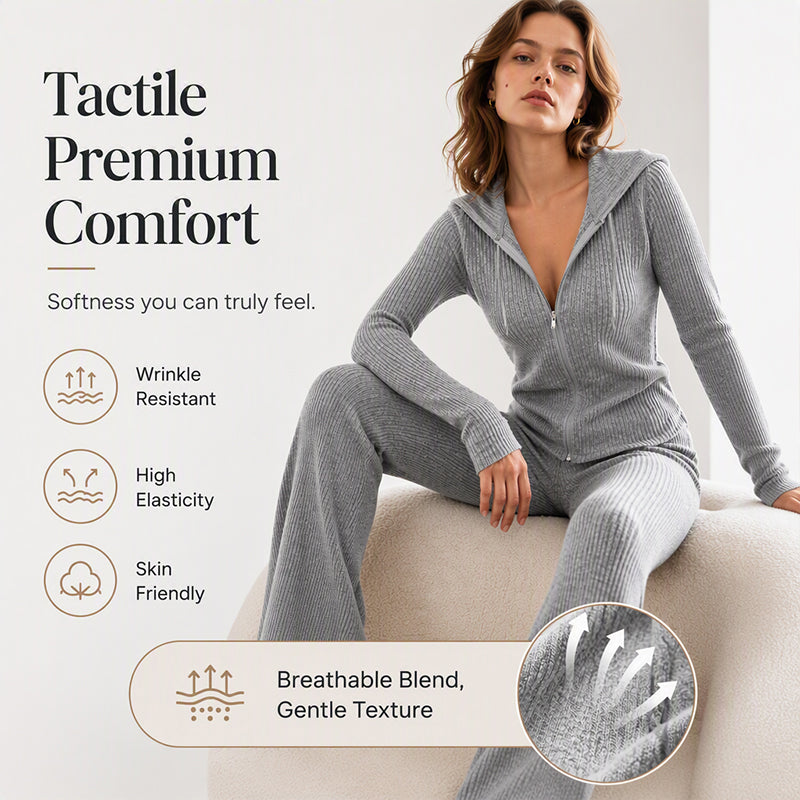 ☁️Stretchy Comfort, Multi-Occasion Versatile – Women's Ribbed Hooded Zip-Up Jacket & Flare Pants Set ✨