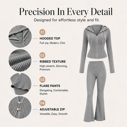 ☁️Stretchy Comfort, Multi-Occasion Versatile – Women's Ribbed Hooded Zip-Up Jacket & Flare Pants Set ✨