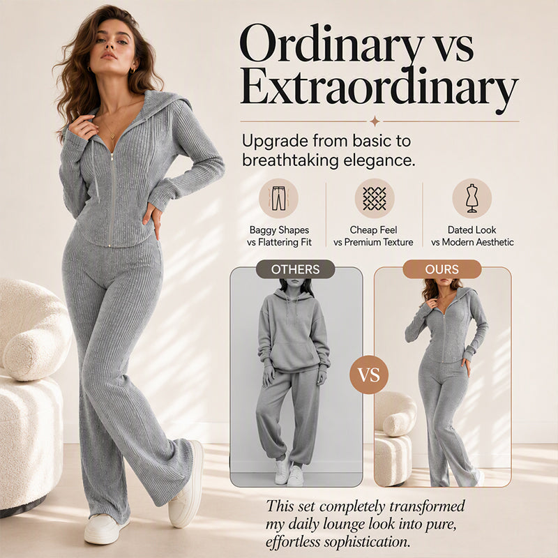 ☁️Stretchy Comfort, Multi-Occasion Versatile – Women's Ribbed Hooded Zip-Up Jacket & Flare Pants Set ✨