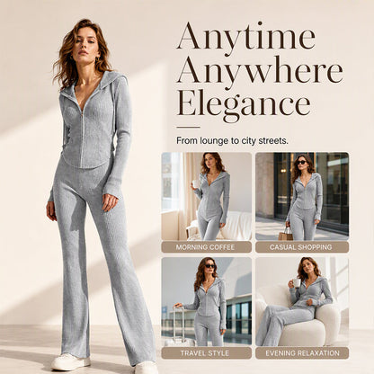 ☁️Stretchy Comfort, Multi-Occasion Versatile – Women's Ribbed Hooded Zip-Up Jacket & Flare Pants Set ✨