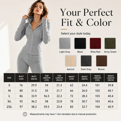☁️Stretchy Comfort, Multi-Occasion Versatile – Women's Ribbed Hooded Zip-Up Jacket & Flare Pants Set ✨