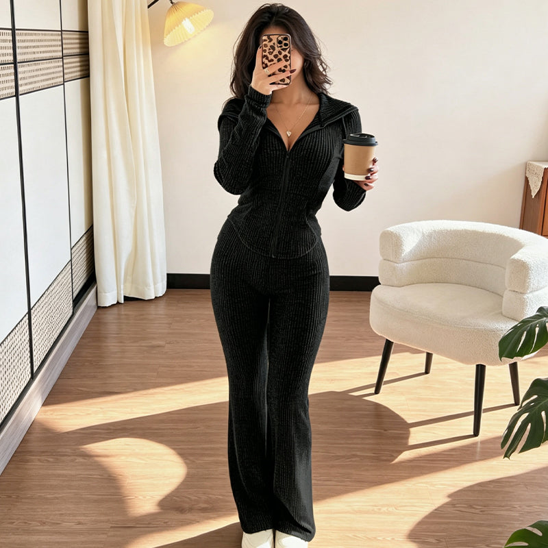 ☁️Stretchy Comfort, Multi-Occasion Versatile – Women's Ribbed Hooded Zip-Up Jacket & Flare Pants Set ✨