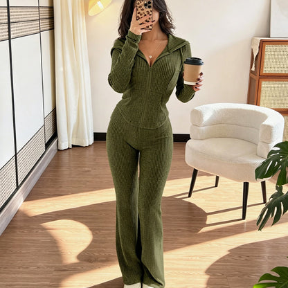 ☁️Stretchy Comfort, Multi-Occasion Versatile – Women's Ribbed Hooded Zip-Up Jacket & Flare Pants Set ✨